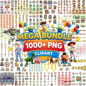 Puede incluir: Una colección digital de más de 1000 imágenes prediseñadas PNG con temática de Toy Story que incluyen personajes como Woody, Buzz Lightyear, Jessie, Rex y el Sr. Cara de Papa, con textos como Mega Bundle, 1000+ PNG y Toy Story 5.
