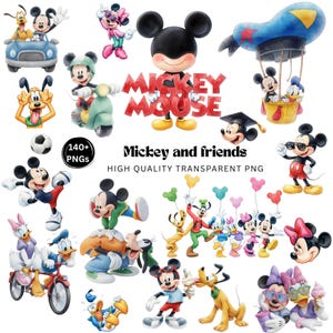Peut inclure: Une collection d'illustrations numériques style aquarelle représentant Mickey Mouse et ses amis dans diverses poses, notamment sur un scooter, un vélo et une montgolfière. Le texte indique Mickey Mouse, Mickey and friends et 140+ PNGs.