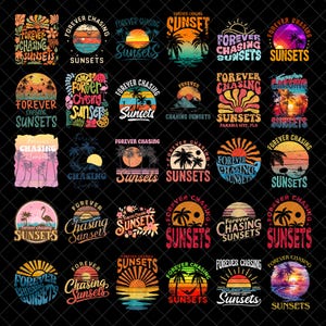 Puede incluir: Una colección de veinticinco diseños gráficos con el texto Forever Chasing Sunsets. Cada diseño incorpora imágenes de atardeceres, palmeras, elementos tropicales y paletas de colores vibrantes que incluyen tonos naranja, rosa, amarillo y azul.