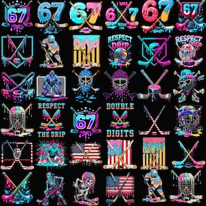 Puede incluir: Una colección de gráficos coloridos con temática de hockey sobre un fondo negro. Los diseños incluyen palos de hockey, discos, máscaras de portero y el número "67" con efectos de pintura goteando. Algunos diseños incorporan la bandera estadounidense.