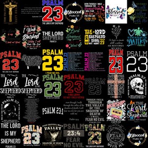 Puede incluir: Una colección de diseños gráficos con temas religiosos. Los diseños incluyen el texto "Salmo 23", "El Señor es mi pastor" y otras frases relacionadas, con varias fuentes y colores sobre un fondo negro.