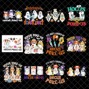 Puede incluir: Una colección de doce diseños gráficos digitales con fantasmas de dibujos animados vestidos como enfermeros y personal médico, incorporando temas de Halloween, calabazas y equipo médico con el texto recurrente Hocus Poke-Us.