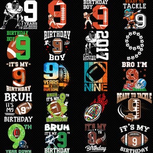 Puede incluir: Una colección de diseños gráficos con el número 9, balones de fútbol americano y temas de cumpleaños. Los diseños incluyen texto como "Birthday Boy" e "It's My Birthday". La paleta de colores incluye naranja, verde y azul.
