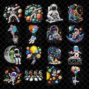 Puede incluir: Una colección de dieciséis ilustraciones digitales que muestran astronautas en diversos escenarios espaciales, incluyendo flotando con planetas, mezclando música, sentados en la luna con un alienígena, haciendo una fogata y cruzando un paso de cebra.