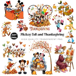 Puede incluir: Una colección de ilustraciones digitales con personajes de Disney en temas de otoño y Acción de Gracias, incluyendo a Mickey, Minnie, Donald, Daisy, Goofy y Pluto. El texto dice 210+ PNGs, Mickey Fall and Thanksgiving y High Quality Transparent PNG.
