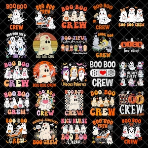 Puede incluir: Una colección de veinticinco ilustraciones digitales con personajes fantasmales vestidos como personal médico, incluyendo enfermeros y doctores. Los diseños incorporan textos como Boo Boo Crew, NICU Nurse y Hocus Poke-us, con motivos como vendas, estetoscopios, calabazas y telarañas en paletas de colores naranja, rosa y negro.