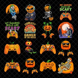 Op de afbeelding: Een verzameling van zestien digitale illustraties met skeletten, pompoenen en videogamecontrollers. De ontwerpen bevatten teksten zoals MY GAMING SKILLS ARE SCARY en COOLEST GAMER IN THE PATCH, uitgevoerd in de kleuren oranje, groen en zwart.