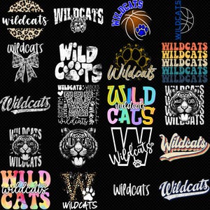 Puede incluir: Una colección de varios diseños con el tema "Wildcats". Los diseños incluyen texto, ilustraciones de animales y patrones. La paleta de colores incluye negro, blanco y varios otros colores. Adecuado para ropa y accesorios.