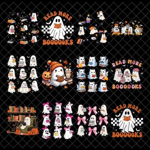 May include: A digital collection of graphic illustrations featuring white ghosts reading books, pumpkins, autumn leaves, and pink bows. Several designs include the text Read More Boooooks in orange lettering against a black background.