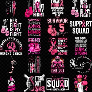 May include: A collection of graphic designs with pink ribbons and boxing gloves, promoting breast cancer awareness. Text includes phrases like "Her Fight Is My Fight," "Support Squad," and "Strike Out Cancer."