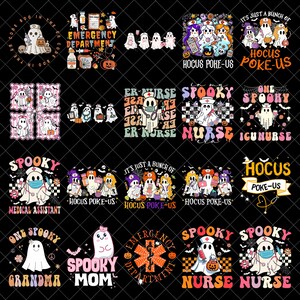 Puede incluir: Una colección de veinte diseños gráficos digitales que presentan fantasmas de dibujos animados vestidos como profesionales médicos, con elementos temáticos de Halloween como calabazas, jeringas y texto como Hocus Poke-Us.