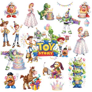 Puede incluir: Una colección de ilustraciones de personajes de Toy Story que incluye a Woody, Buzz Lightyear, Jessie, Rex, Slinky Dog, el Sr. y la Sra. Cara de Papa, Bo Peep y los Aliens. Las imágenes muestran pasteles de cumpleaños, regalos y el logo de Toy Story.