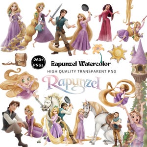 Puede incluir: Una colección de ilustraciones digitales con Rapunzel, Flynn Rider, el caballo Maximus y el camaleón Pascal. El set incluye varias poses, una torre de piedra, un emblema solar, una flor, un bolso y el texto Rapunzel Watercolor.