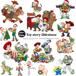 May include: A collection of digital illustrations featuring Toy Story characters in holiday themes, including Woody, Buzz Lightyear, Jessie, and Rex wearing Santa hats, decorating trees, opening gifts, and holding Christmas items with the text Toy story CHIRSTMAS.
