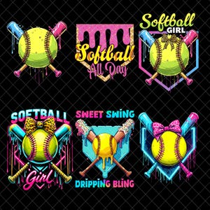Puede incluir: Seis gráficos temáticos de softbol. Cada diseño presenta una pelota de softbol amarilla, bates cruzados y texto como "Softball Girl" o "Sweet Swing". Los diseños utilizan colores brillantes y efectos de goteo.