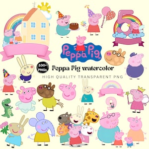 May include: A collection of Peppa Pig watercolour illustrations featuring various characters, a house, a rainbow, a number five, and the Peppa Pig logo. The set includes over 100 PNG files with transparent backgrounds, showcasing colourful cartoon figures.