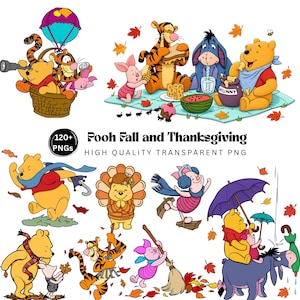 Puede incluir: Una colección de ilustraciones digitales con personajes de Winnie the Pooh en varias escenas de otoño y Acción de Gracias, incluyendo picnics y hojas. El texto dice 120+ PNGs Pooh Fall and Thanksgiving.