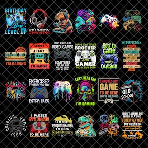 Puede incluir: Una colección de diseños gráficos coloridos con temas relacionados con los videojuegos. Los diseños incluyen mandos, auriculares y texto como "Level Up", "I'm Gaming" y "Born to Game". El tema general son los videojuegos.
