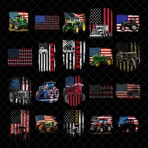 Peut inclure: Une collection de motifs patriotiques mettant en vedette des tracteurs et des drapeaux américains. Les images présentent divers modèles de tracteurs en rouge, vert et bleu, sur fond de drapeau américain. Certains motifs incluent le mot "FARMER".