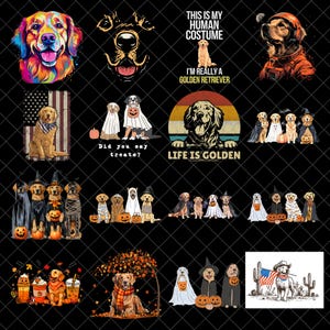 Puede incluir: Una colección de ilustraciones digitales de perros Golden Retriever en varios temas, incluyendo disfraces de Halloween, trajes espaciales, banderas estadounidenses y escenas otoñales, con textos como This is my human costume y Life is Golden.