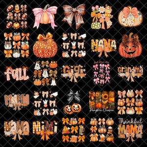 Puede incluir: Una colección digital de gráficos con temática otoñal que incluye calabazas, lazos y textos estacionales como Nana, Gigi, Grandma, Mama, Mimi y Thankful Mama. Los diseños incorporan paletas de colores naranja, marrón y rosa con texturas.