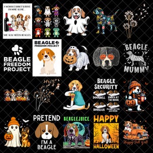 Pode incluir: Uma coleção digital de designs gráficos com o tema Beagle e motivos de Halloween, incluindo cães com fantasias de fantasma, abóboras, padrões florais e textos como BEAGLE FREEDOM PROJECT, BEAGLE SECURITY e HAPPY HALLOWEEN.