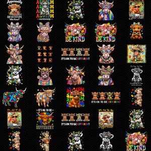 Puede incluir: Una colección de ilustraciones de vacas coloridas con varios diseños, incluyendo gafas de sol, lazos y textos como "BE KIND" y "IT'S OK TO BE DIFFERENT." Las imágenes están sobre un fondo negro.