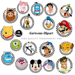 Puede incluir: Una colección de iconos circulares de personajes de dibujos animados con bordes a cuadros blancos y negros. La imagen incluye el texto Cartoons Clipart y 25 PNGs High Quality Transparent PNG.