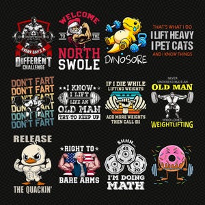 Puede incluir: Una colección de diseños gráficos humorísticos sobre un fondo negro, con temas de levantamiento de pesas. Los diseños incluyen textos como "North Swole", "Dinosore" y "I'm Doing Math", junto con personajes de dibujos animados y equipos de levantamiento de pesas.