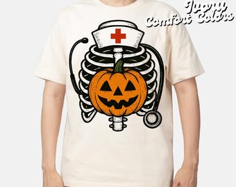 Spooky Nurse Halloween T-Shirt Design, Pumpkin Rib Cage PNG, Skeleton Halloween Nurse,  Retro Halloween Nurse Fall, Stethoscope, Digital Png
