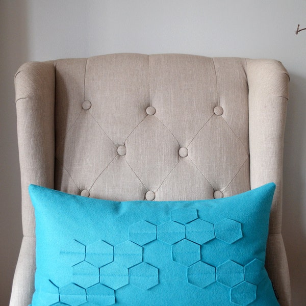 Honeycomb Turquoise Blue Felt Kidney Pillow with Down Insert