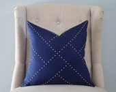 18"x18" Navy Blue Down Pillow with Gold Studs Fretwork Design