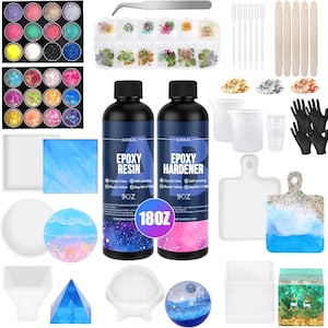 May include: A comprehensive resin art kit featuring epoxy resin and hardener bottles, various molds, glitter, dried flowers, measuring cups, mixing sticks, and gloves. Includes a variety of colors and materials for crafting projects.