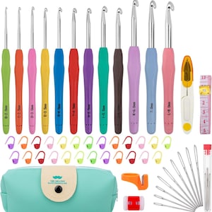 May include: A crochet hook set with various sizes and colorful handles, including green, orange, pink, yellow, blue, red, purple, teal, brown, and light blue. The set includes stitch markers, a tape measure, a row counter, a case, and needles.