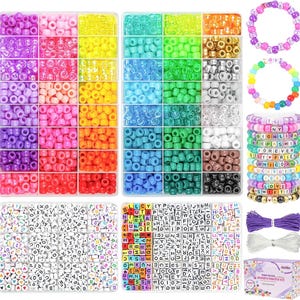 May include: A craft kit with colorful beads, letter beads, and string for jewelry making. The kit includes various colors of round beads, letter beads, and bracelets with words like "LOVE" and "UNICORN".