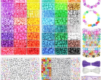 Pony Beads Bracelet Making Kit: 48 Colors, Letter Beads, Elastic String