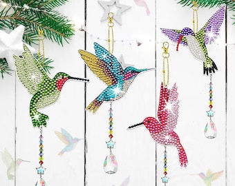 6 Pcs Diamond Painting Hummingbird Suncatcher Kits, Rhinestone Wind Chimes Art