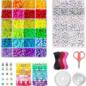 May include: A craft kit with colorful beads, letter beads, and bracelets. The kit includes a variety of colored beads in a divided container, letter beads, black, red, and pink cords, scissors, and bracelet examples with words like "DIY" and "FAITH".
