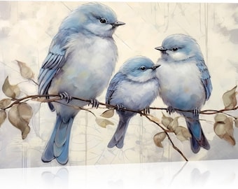 Birds Canvas Wall Art, Blue Birds Family Painting, Sparrow on Tree Branches Picture