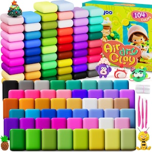 May include: A colorful set of air-dry clay in 104 colors, arranged in neat rows. The image includes a box with illustrations and small clay figures, such as a Christmas tree, a pineapple, and a bee. The clay is in various shades, including pink, green, blue, and yellow.