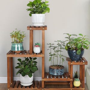 May include: A multi-tiered, wooden plant stand with various potted plants. The stand is made of dark brown wood and features multiple shelves of different sizes. The plants include succulents and leafy green plants in white, blue, and teal pots.