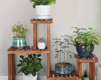 Wooden Plant Shelf Stand | 4-Tier Indoor Outdoor Flower Pot Display | Natural Pine