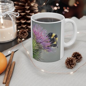Bee and thistle Ceramic Mug 11oz, coffee tea or chocolate lover gift, nature gifts, bee art, bee lover gift, nature themed gift, botanical