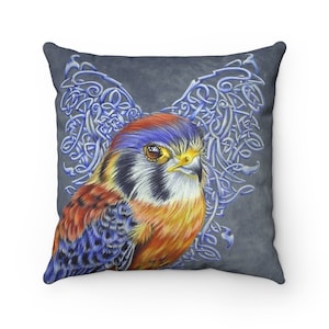 Celtic Kestrel throw Pillow square- 14x 14/ Housewarming  gift/animal print throw pillow/ Art by K&#39;shia/ animal lover pillow