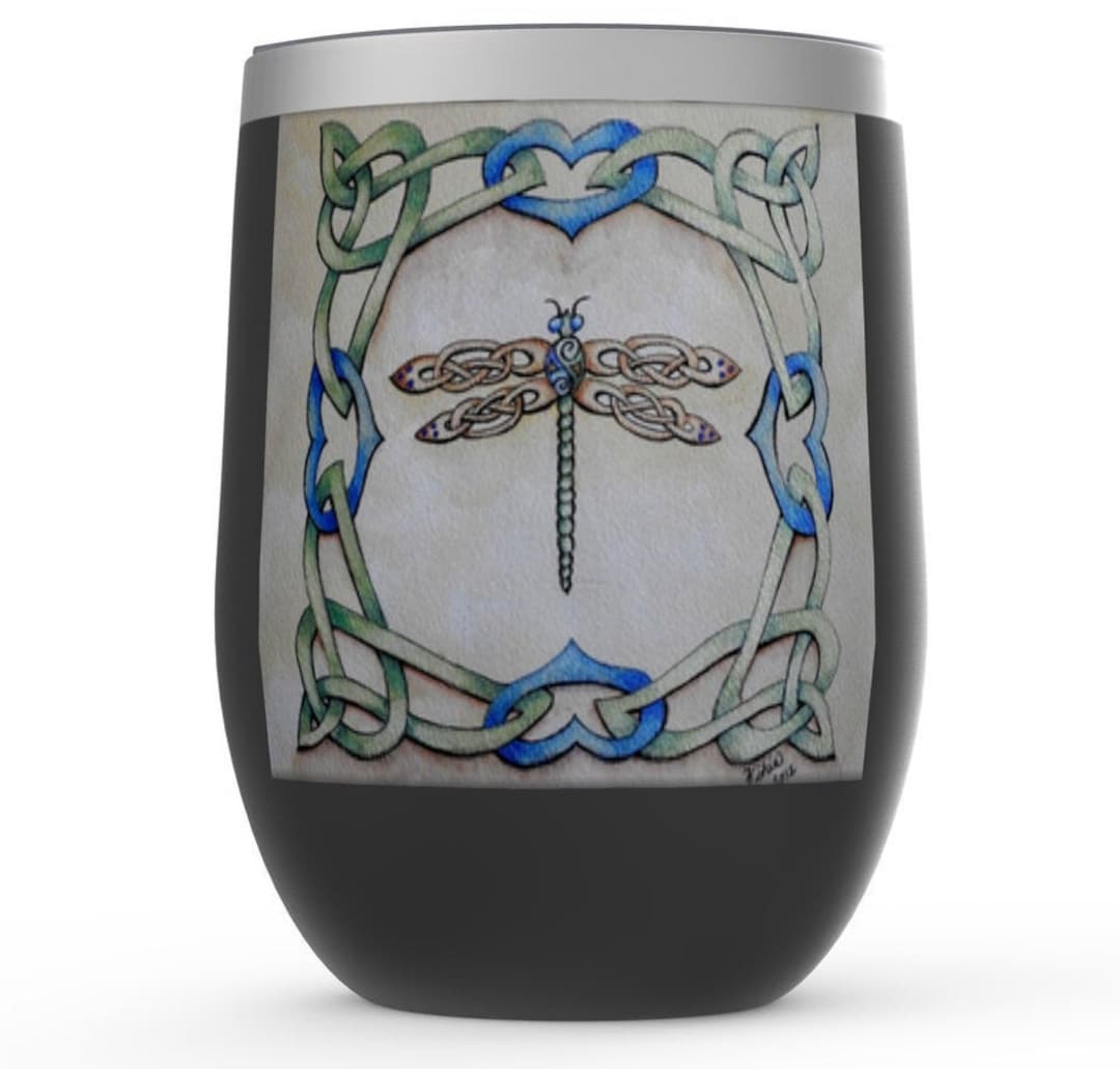 Watercolor Celtic Knot Dragonfly Art 12oz Stemless Wine Tumblers
