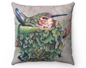 Colibrí lanzar almohada-cuadrado decoración del hogar / Hummingbird decoración del hogar / decoración para la sala de estar / arte del colibrí por K'shia / almohada de la naturaleza