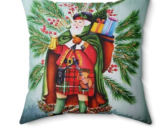 Clan MacAulay Santa Pillow/ Scottish decor/ Clan MacAulay gifts/Scottish gifts/Scottish tartan, watercolor Santa painting