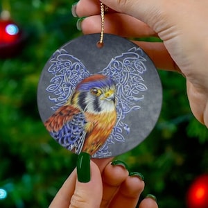 Celtic Kestrel celtic zodiac Ornaments- ceramic/ Totem animal/ celtic zodiac animal/ Kestrel art by K&#39;shia/ bird watcher gifts/bird lover