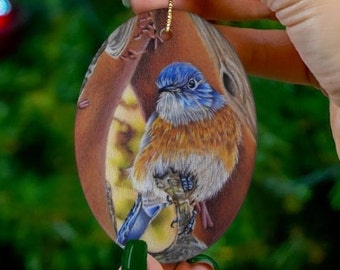 Bluebird art car charm- Ceramic Ornament/ bird watcher gifts/ songbird gifts/ bluebird of happiness / Art by K'shia/ bluebird drawing/