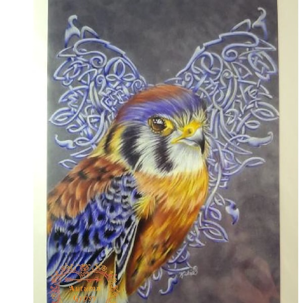 Celtic Kestrel - celtic zodiac animal greeting card- blank 5x7/ Celtic Kestrel art by K'shia/ Bird watcher gift/ / Falconry lover gift